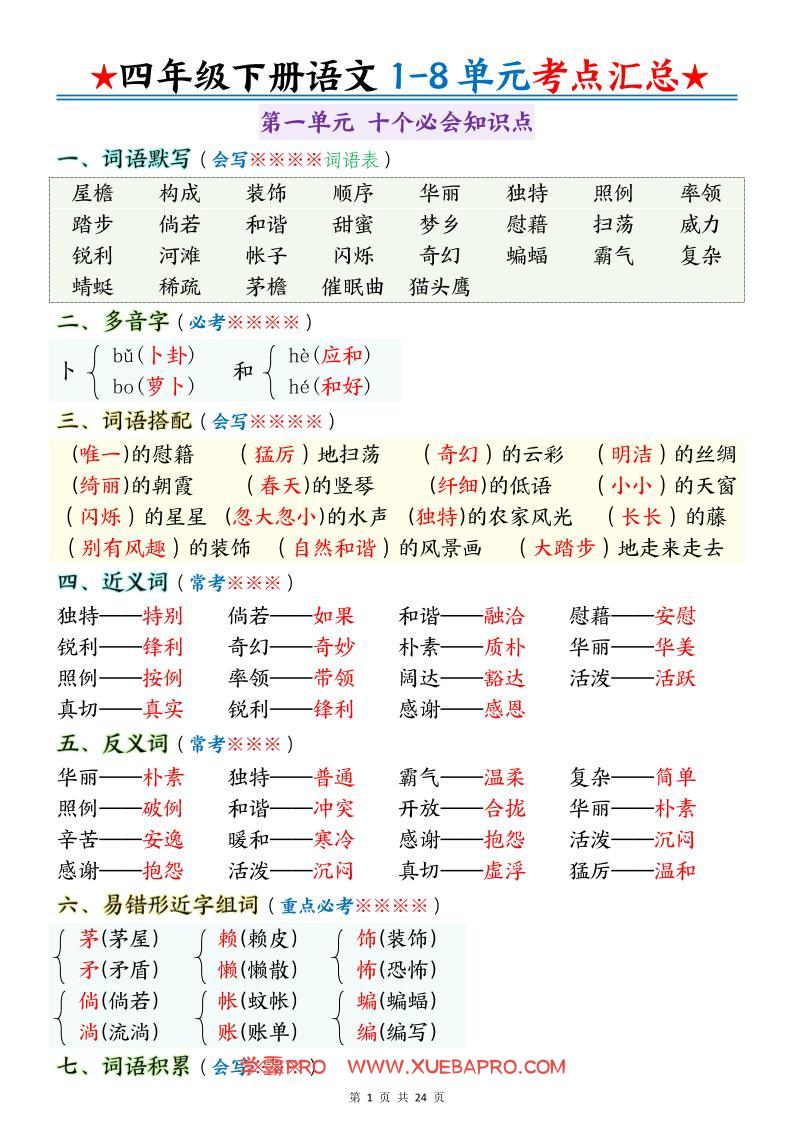 四下语文期末1-8单元十大考点必背-学霸PRO