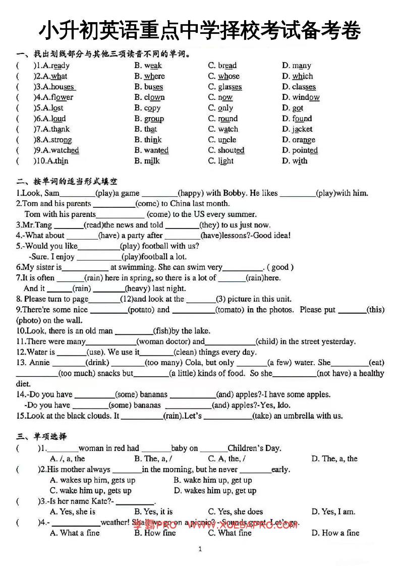 小升初英语【重点中学择校考试备考卷】-学霸PRO